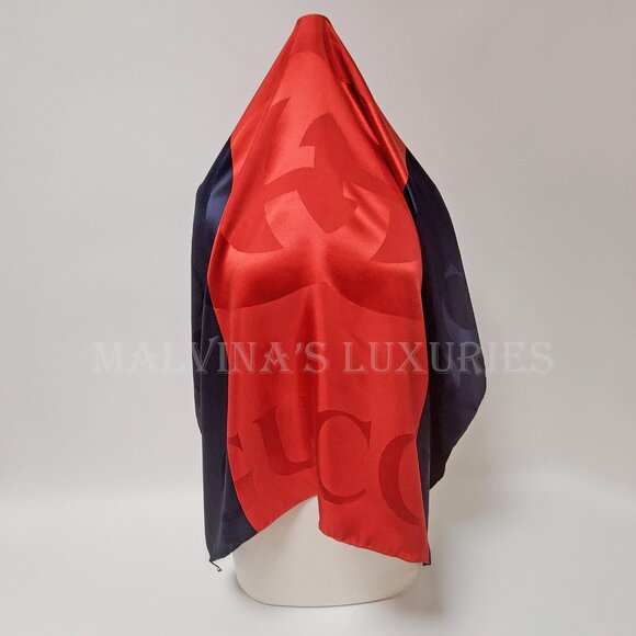 GUCCI SCARF BLUE RED WEB GG LOGO PRINT JACQUARD SILK TWILL FOULARD 35" - Picture 9 of 16